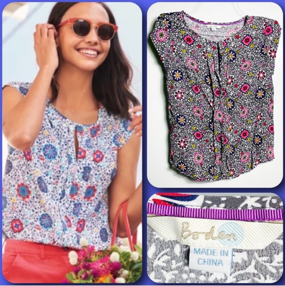 Boden Pleated Mosaic Floral Short Sleeve Blouse